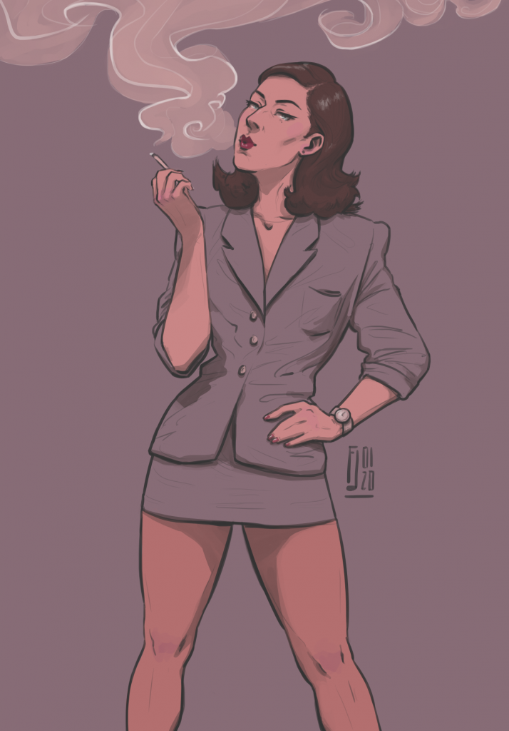 Illustration of a white woman smoking a cigarette, hand on her hip. She wears a stern grey suit with a short skirt.