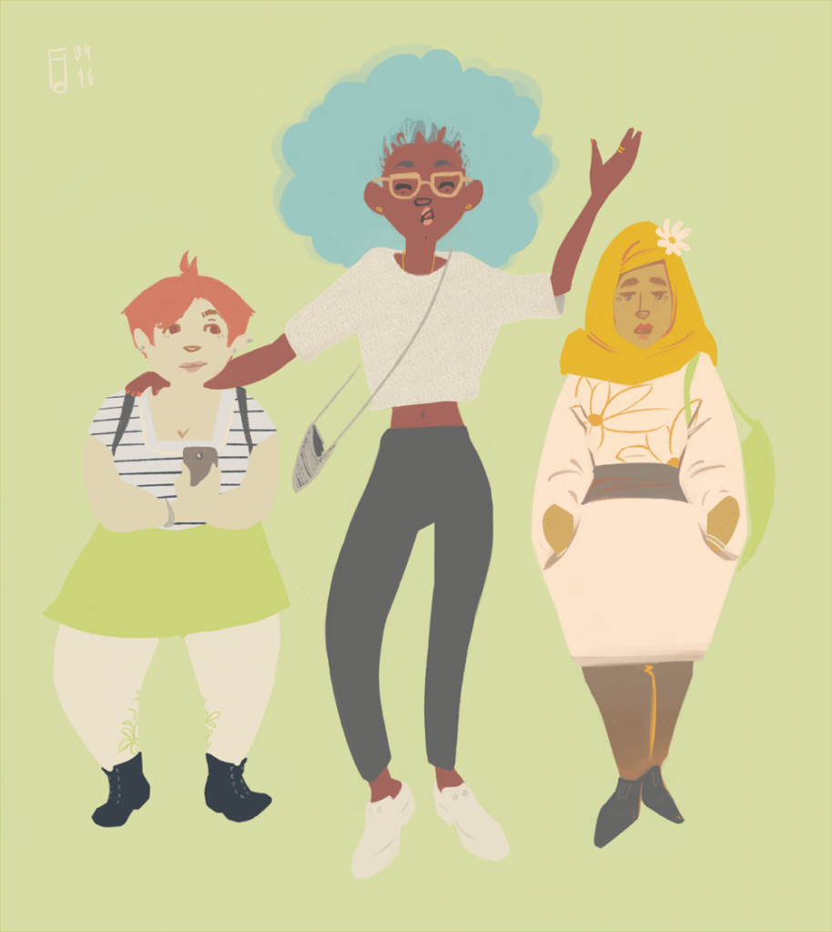 Illustration of three women chatting as they walk side by side. From right to left : a short white woman with red hair, wearing a striped t-shirt and a light green mini-skirt; a tall, lanky black woman with a blue afro, wearing half-moon glasses, a white short cardigan and grey trousers; a shorter woman wearing a yellow scarf, a cream comfortable dress with a flower pattern and light grey leggins.