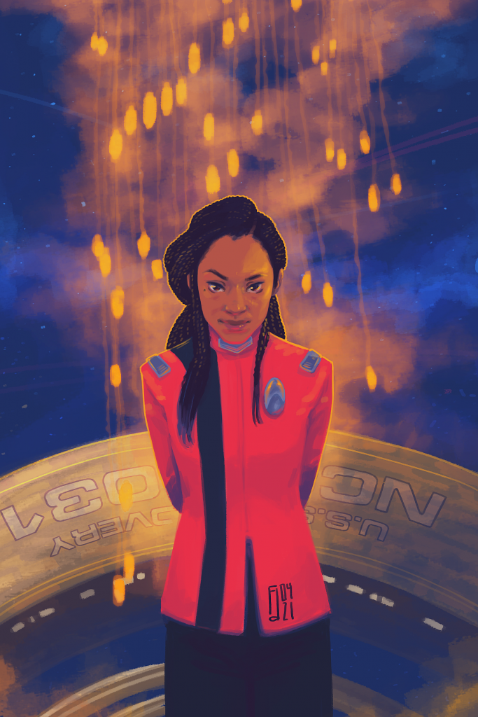 Illustration of a black woman wearing long braids swept over her shoulder and a bright red uniform. She is surrpunded by falling embers. The large outer ring of a spaceship can be seen in her back.