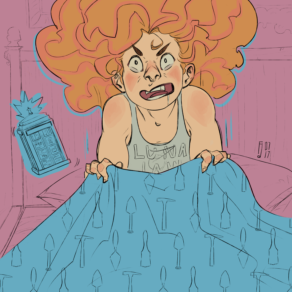Illustration of a white woman being woken from her sleep, expression distorted by rage. She wears a grey sleeveless shirt and the alarm clock blaring at her side is shaped like a police box.