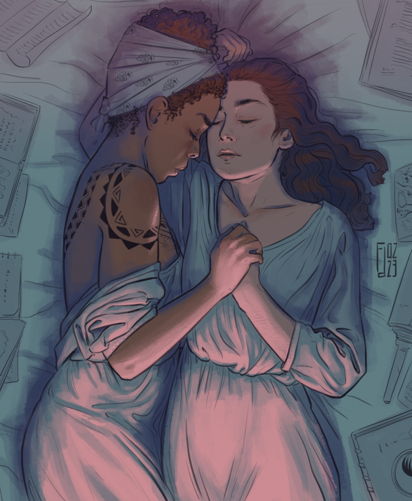 Drawing of Siuan Sanche, a young black woman with tight dark curls, holding close Moiraine Damodred, a young white woman with long brown wavy hair in a bed, from the top. Eyes closed, they are cuddling, Siuan in profile resting her head on Moiraine bent arm, her forehead on Moiraine's and her body pressed to Moirain's side. Her hair is wrapped in a scarf with a flower pattern. There are intricate geometric tattoos on her shoulders, upper back and chest, though fewer than in her older years. Moiraine is lying on her back, her hand in Siuan's on her chest. Her hair is worn loose, fanning around her head. They are both wearing white shifts, Siuan's pulled to reveal her shoulders and back. Annotated books and parchments are scattered around them on the bed. A soft dawn lights them.