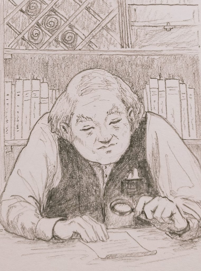Sketch of an old man leaning over a parchment with a magnifying glass. He has overgrown but thinning white hair and wears a black vest with a white shirt. Shelves filled with books and parchment can be seen in the background.