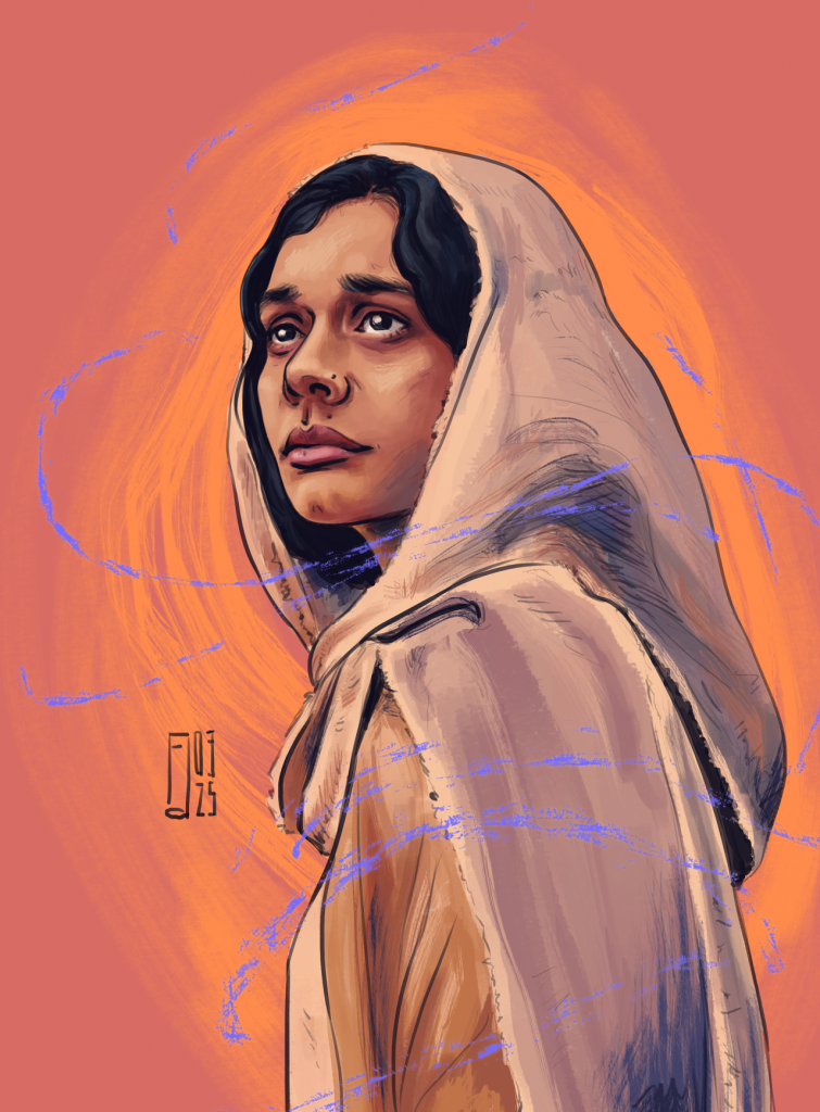 Sketch of Egwene al'Vere in a Wise One apprentice outfit, hood over her short hair, against a bright orange background. She is looking up in contemplation, thread of the One Power surrounding her.