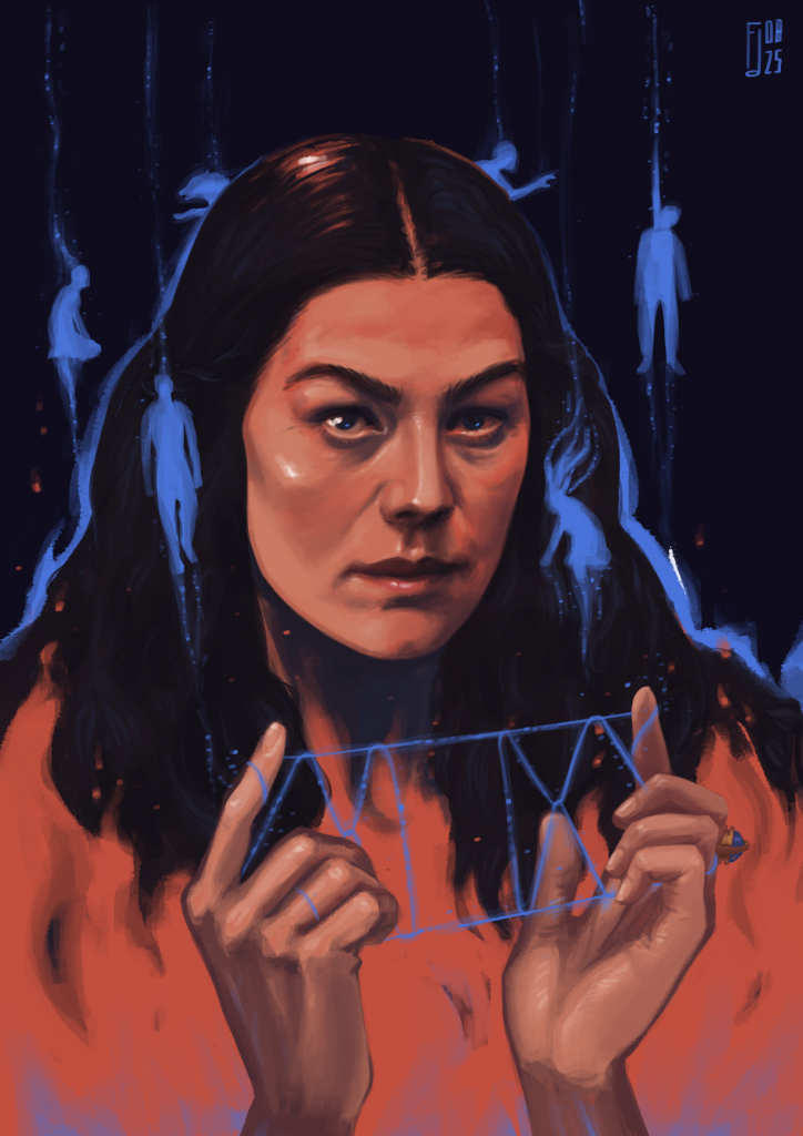 Digital painting of Moiraine's face and shoulders. She appears emerging from orange flames with blue accents. Her hands are open before her, weaving saidar in the shape of a cat's cradle figure picturing two fish separated. Around her head, blue weaves are drawing silhouettes of characters : Rand walking, Nynaeve channelling, Egwene kneeling, Mat hanging and Perrin running with a wolf as his mirror on the other side of Moiraine's head. She looks straight at the audience with intensity as orange embers and specks of blue dance around her.